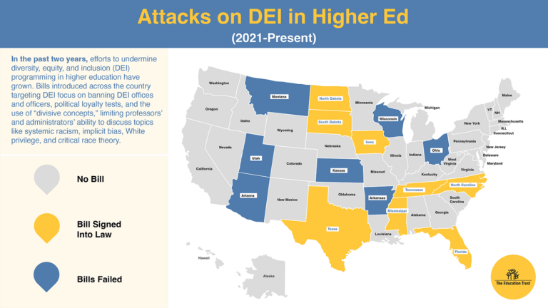 Map showing attacks on DEI in higher education nationwide from 2021 to present