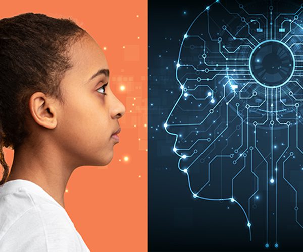 a girl facing a robot side to side