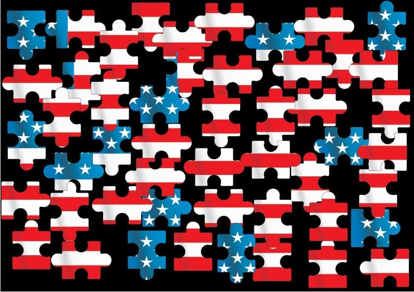 A jigsaw puzzle representation of the American flag