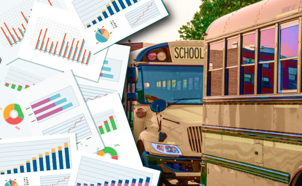 Yellow school buses with report graphics next to them