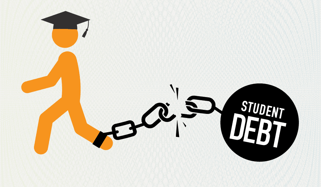 Stick figure with ball and chain representing student debt