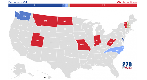 A map of the United States with certain states highlighted red and other states blue, with most states grey