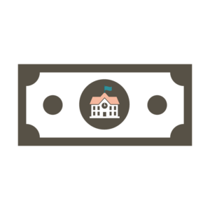 Icon of paper money with a school building at the center