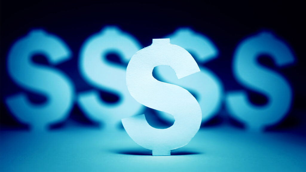 Dollar signs in a blue background signifying money
