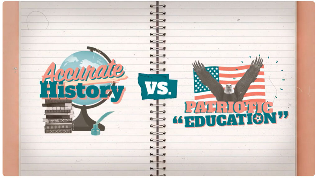 graphic of a globe and books superimposed over Accurate History vs. Patriotic Education as caption under an eagle and American flag